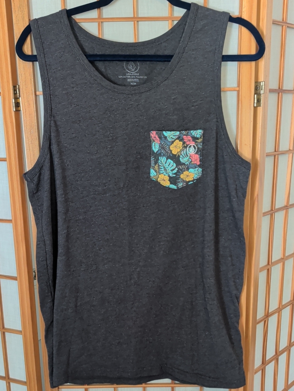 Volcom Charcoal Tank Top with Tropical Floral Pocket
